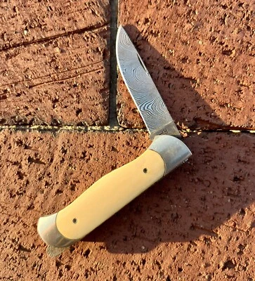 Vintage Custom Made Ralph Turnbull Damascus Steel Folding Knife - Image 1 of 4