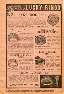 1922 petite publicité imprimée de bagues chanceuses Mysto roi Tut, os croisés crâne, cheikh