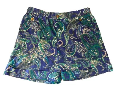 Lauren Ralph Lauren 女式 12 码蓝色佩斯利短裤金色纽扣卷边袖口 — 第 1/4 张图片