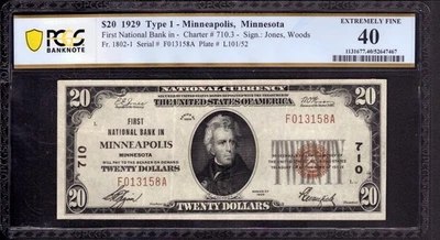 1929 $20 FIRST NATIONAL BANK NOTE CURRENCY MINNEAPOLIS MINNESOTA PCGS B XF EF 40 - Image 1 of 2