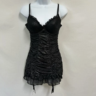 Fredericks of Hollywood M Black Shimmer Chemise Garter Slip Dress Ruched Thong - Image 1 of 4