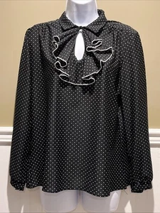 Vtg 80s? Jolene Fashions Black Polka Dot Women’s Blouse 16 Ruffled Keyhole Neck - Picture 1 of 12