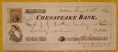 Estampilla de 2 centavos de impuestos internos de George Washington 1871 a cheque ¡Rara! Foto 1 de 3