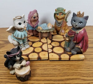 Kitty Cat Nativity Set 6 Piece Anthropomorphic Feline Christmas Story Resin - Picture 1 of 16