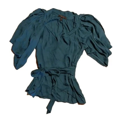 BCBGMAXAZRIA Women S Blouse Teal Green 100% Silk Cold Shoulder Deep V Wrap Sheer - Image 1 of 4