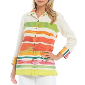 John Mark Linen Button Down Top Colorful Stripe Print Shirt Size L - Picture 1 of 9