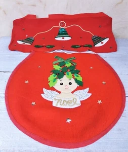 Vintage Novelty Christmas Bathroom Toilet Cover Red Felt Sequined Angel Bells - Picture 1 of 9