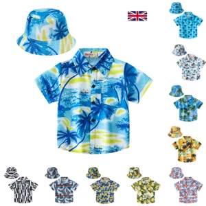 Summer Kids Boys Shirts Casual Tees Tops Novelty Blouse Hawaiian With Hat Sets - Picture 1 of 16