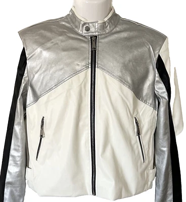 Steve Madden Moto Jacket Women's M Helayna Faux Leather Silver White Black $109 - Image 1 of 4