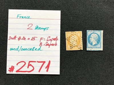 FRANCE Stamps, 2 USED/ CANCELLED Stamps, Scott #14 + #15, SCV 2009=$10.50, #2571 - Image 1 of 2