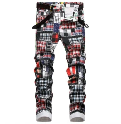 Men's Mixed Color Cotton Stretch Straight Leg Pants Punk Hip Hop Trousers Plaid - Image 1 of 4