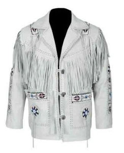 Herren Indianer Western Cowboy Lederjacke Mantel Fransen Perlen - weiß - Bild 1 von 5