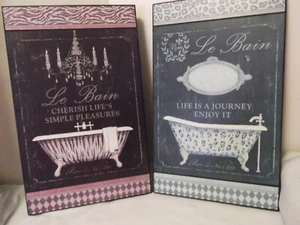 Bath Wall Decor Tubs French words 12 x19" hollow core wood mount Lot of 2 - Picture 1 of 4