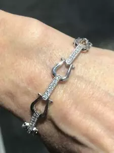 Platino Plata Ley Blanca Zafiro Herradura Halo Apilar Tenis Brazalete 17.8cm - Imagen 1 de 9