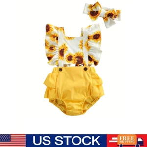 2PCS Baby Girls Floral Romper Ruffled Sleeve Infant Jumpsuit Clothes+Headband - Picture 1 of 10
