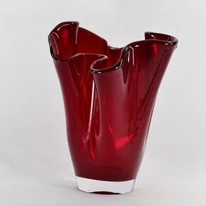 Deep Red Vase Art Glass Handkerchief Ruffled Vase Red Hand Blown - Picture 1 of 16