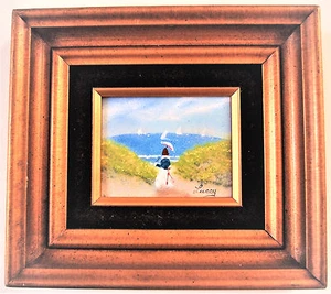 VTG Enamel On Copper Artwork - Seascape/ Dunes/ Sailboats/ Girl/ Signed Lucey - Picture 1 of 12
