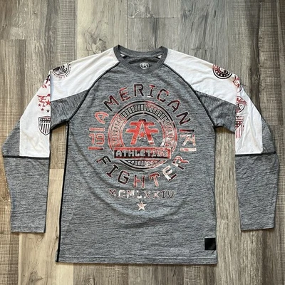 American Fighter Long Sleeve Men's Large, White Gray Double Sided Print - Image 1 of 4