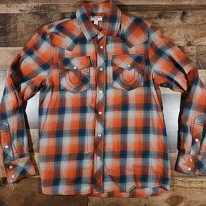 True Religion Pearl Snap Shirt Small Orange Flanell Western Cowboy Langarm - Bild 1 von 13