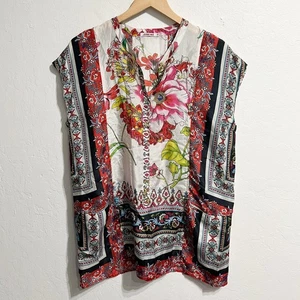 Johnny Was Top Mujer Pequeña Túnica de Seda Botón Floral Boho Bolsillos Sin Mangas - Imagen 1 de 8
