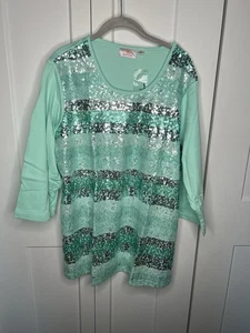 Quacker Factory Mint Green Ombre Sequin Lace Blouse women's plus size 2X NWT - Picture 1 of 8