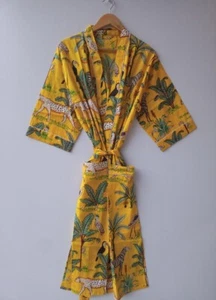 Cotton Kimono Robe Dressing Gown, Block Print Bridesmaid Robe, Summer Nightwear, - Picture 1 of 8