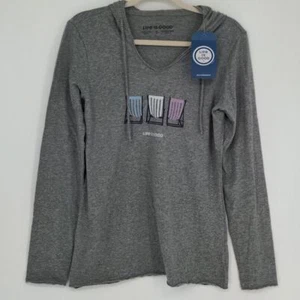 Life is Good Women's Long Sleeve Shirt Beach Chair Strip Size Small Hooded Gray - Picture 1 of 11