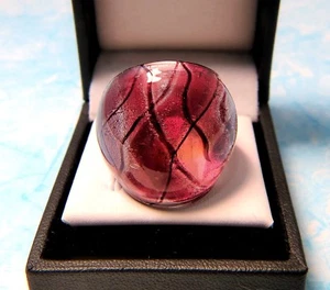 Chunky Purple & Black Loose Plaid Silver Fleck Hand Blown Glass Bling Ring 7.75 - Picture 1 of 3