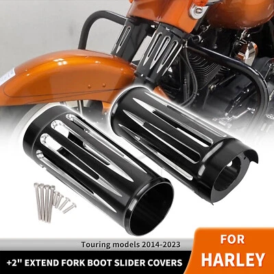 CNC Cut +2" Fork Boot Slider Cover Cow Bells For Harley Touring Ultra Limited - Image 1 of 4