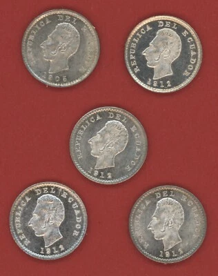 ECUADOR  1/2  DECIMO  1912 LIMA LOT OF 5 COINS KM 55.1  GEM UNC. - Image 1 of 4