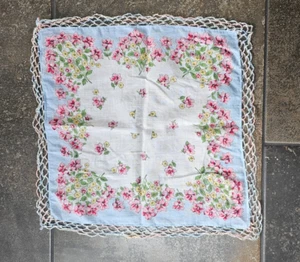 Vintage Ladies Hankie Embroidered Blue, Pink Floral Crochet, Handkerchief - Picture 1 of 10