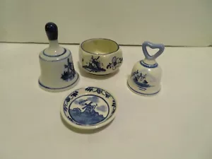 Dutch Blue Delft Holland LOT OF 4 2 BELLS 1 PLATE 1 BOWL - Picture 1 of 5
