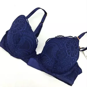 Aerie Bra Womens 32C Real Power Plunge Push-Up Navy Blue Floral Lace 32C - Picture 1 of 9