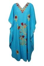 Boho Embellished Caftan Blue Kimono Sleeve Lounge Resort Fashion Kaftan One Size