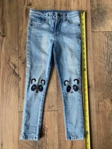 Cat & Jack distressed denim jeggings sz 4 girls with embroidered panda on knees - Picture 1 of 4