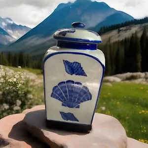 Blue & White Nautical Seashell Covered Canister. Blue And White Ceramic - Picture 1 of 15