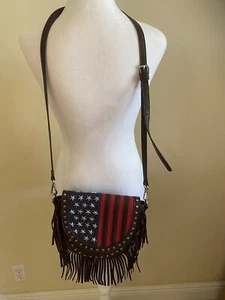 Charming Charlie Crossbody Bag Fringe Brown Faux Leather Flap American Flag B2 - Picture 1 of 4