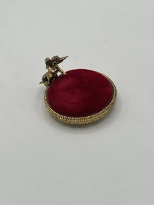 Pin Cushion with Gold Tone Angel Base, Red Velvet, Footed, Vintage - Picture 1 of 5