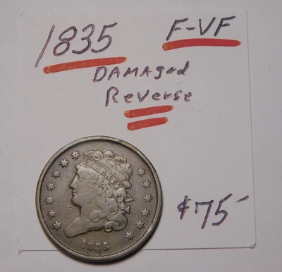 1835 F - VF HALF CENT DAMAGE ON REVERSE CHOCOLATE BROWN !!!    ONLY $38.00  !!!✨ - Image 1 of 4
