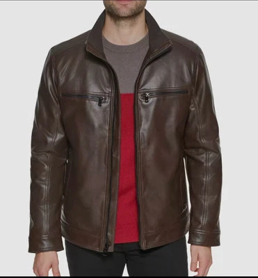 Calvin Klein Men's Brown Faux Leather Biker Full-Zip Moto Jacket Size L - Image 1 of 2