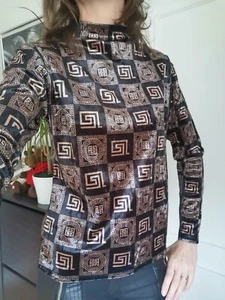Velvet Plush Brown Black Geometric Casual Jumper Top Long Sleeve Velour Aztec - Picture 1 of 6