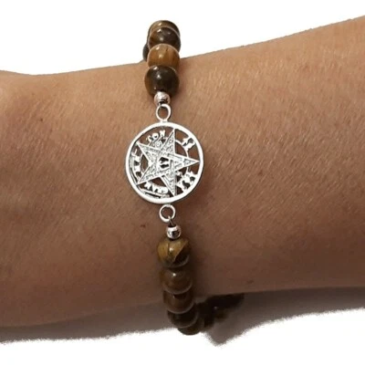 PULSERA TETRAGRAMATON PLATA de LEY 1,5 cm con Ojo de Tigre 6mm y Bolsa de tela.