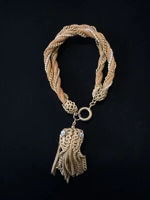 复古 Miriam Haskell 金色网眼珍珠手链带大悬垂 7 英寸 — 第 1/4 张图片