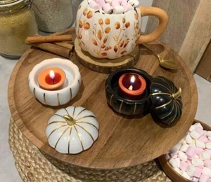 Partylite Pretty Black White Pumpkins Tealight Candle Fall Halloween Holder Pair - Picture 1 of 2