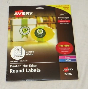 Avery 22807 Runde Etiketten 2" 120 Etiketten 10 Blatt Hochglanz Weiß NEU - Bild 1 von 1