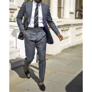 Mens Gray Suits Peak Lapel Regular Fit Wedding Business Formal Tuxedos Customed
