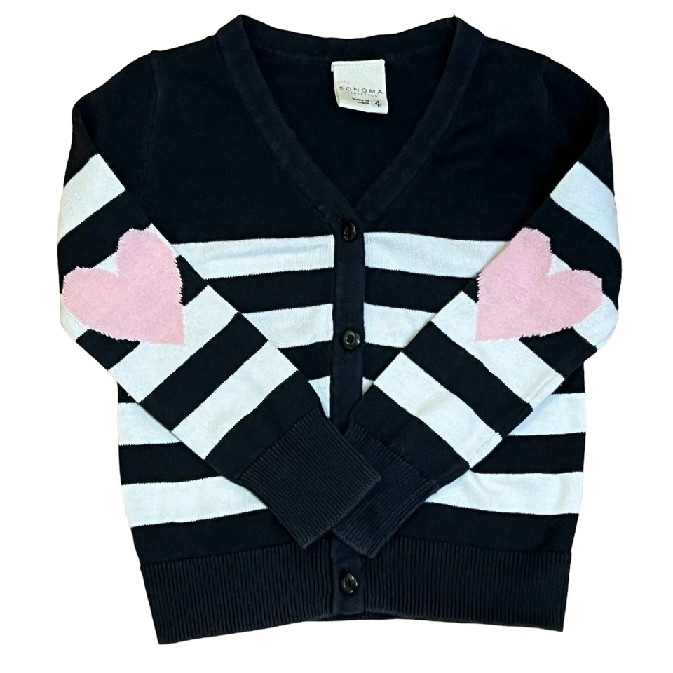 Cardigã feminino suéter tamanho 4 preto branco listras rosa coração Sonoma botão para cima - Imagem 1 de 4
