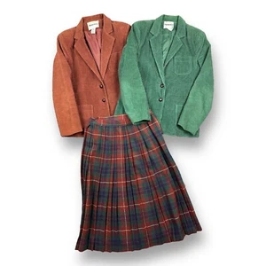 Vintage 80s plaid pleated outfit Corduroy jacket set 3pc Matching Set Sz 9 26” W - Picture 1 of 17