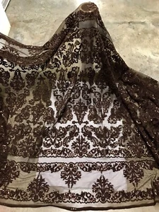 Brown Beaded Sequins Embroidery Bridal Lace Fabric 50” Width Sold By The Yard - Picture 1 of 9