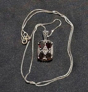 Vintage JC Sterling Silver 925 Garnet Marcasite Pendant With Chain Necklace - Picture 1 of 4